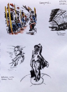 Traveling from St. Pancras Station, London: marker, colored pencil & ink doodle
